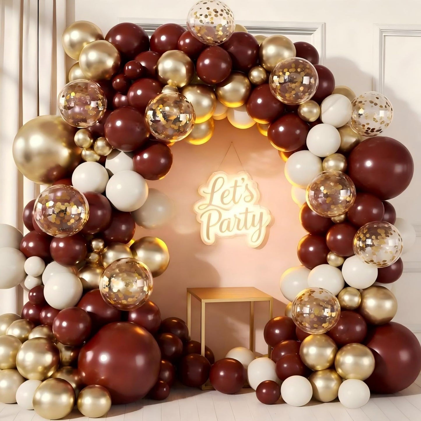 Burgundy Balloon Garland Arch Kit, 174Pcs Burgundy Maroon Gold Sand White Confetti Balloons for Christmas Birdal Shower Graduation Birthday Party Decorations