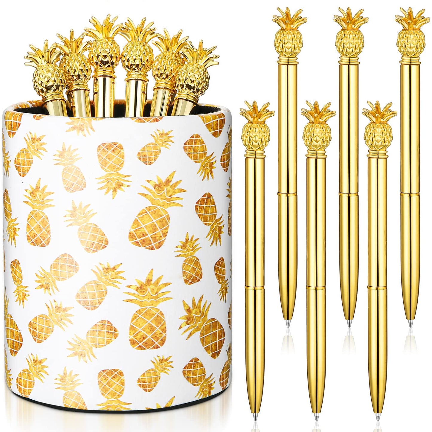 BBTO Pineapple Pen Holder with 6 Pcs Pineapple Shaped Pens Gifts Ballpoint Black 0.5mm Gel Ink Pen for Pencil Cups for Women Girls Desk Organizer Makeup Brush Holder Classroom Offices Home(Gold)