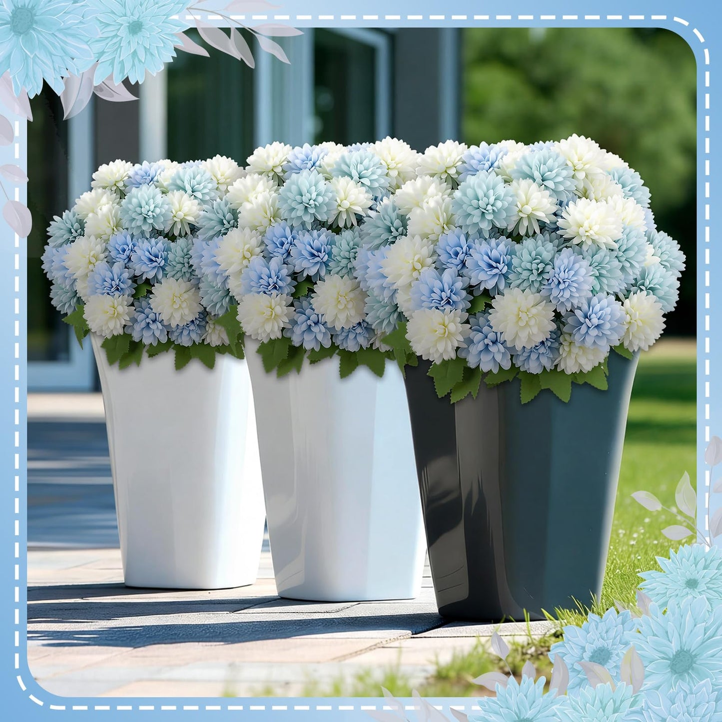 XunYee 12 Pcs Blue Artificial Flowers for Outdoor Decorations Spring Faux Chrysanthemums Mums Blue White Fake Flowers for Outside Garden Porch Window Patio Vase Table Wedding Home Decor