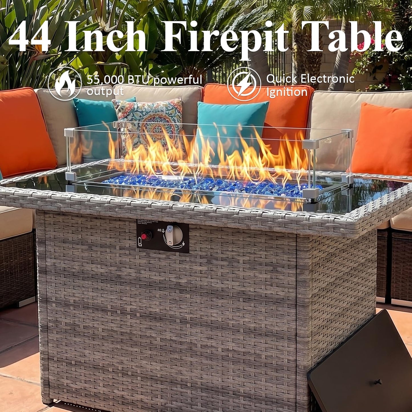 Propane Fire Pit Table, 44" Outdoor Gas Fire Pit with Glass Wind Guard & Waterproof Cover