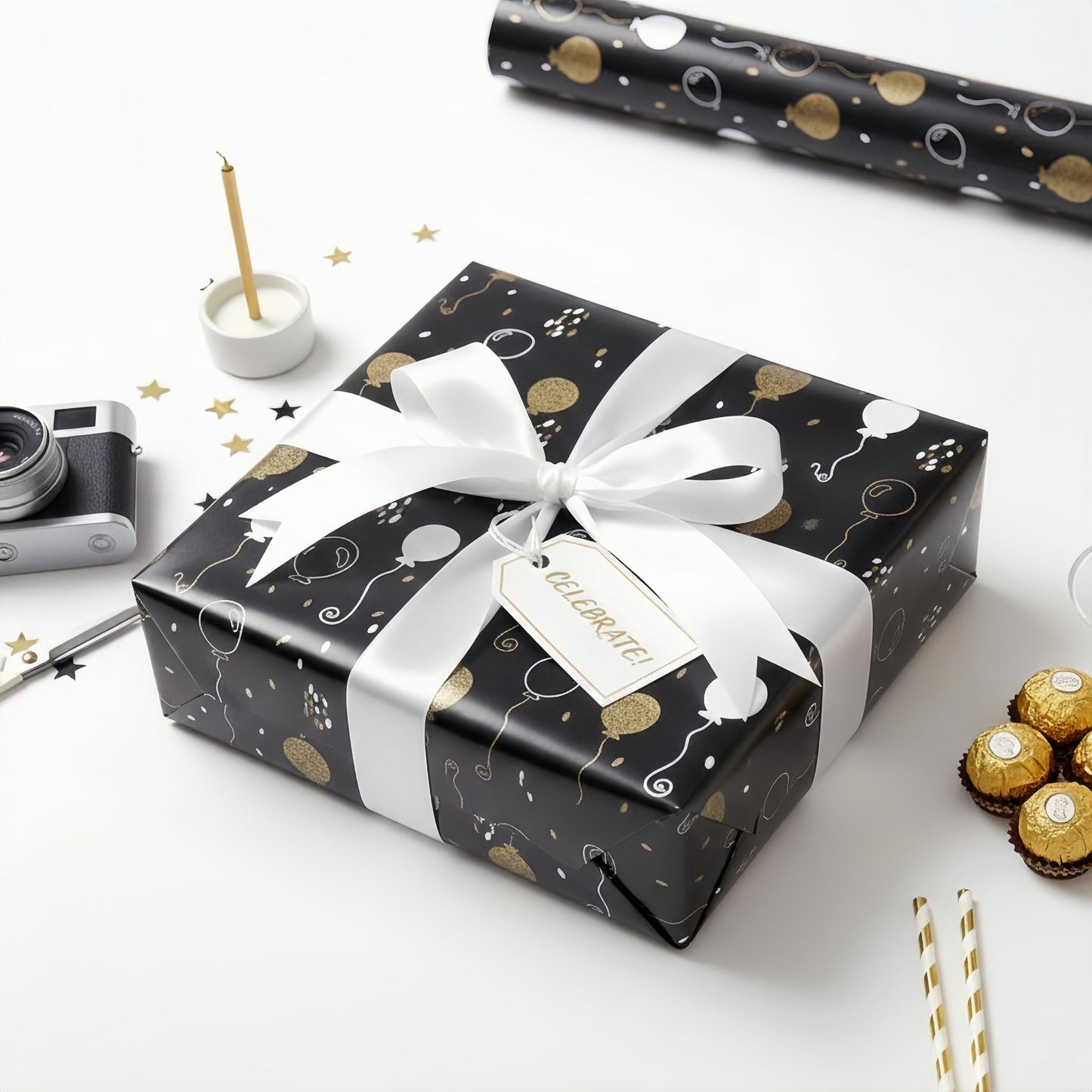 komforbaa Birthday Gift Wrapping Paper, Gold Toned Balloon Wrapping Paper Roll for Birthday, Graduation, Father’s Day, Wedding, Party, Halloween, 17In×33Ft (43cm×10m)