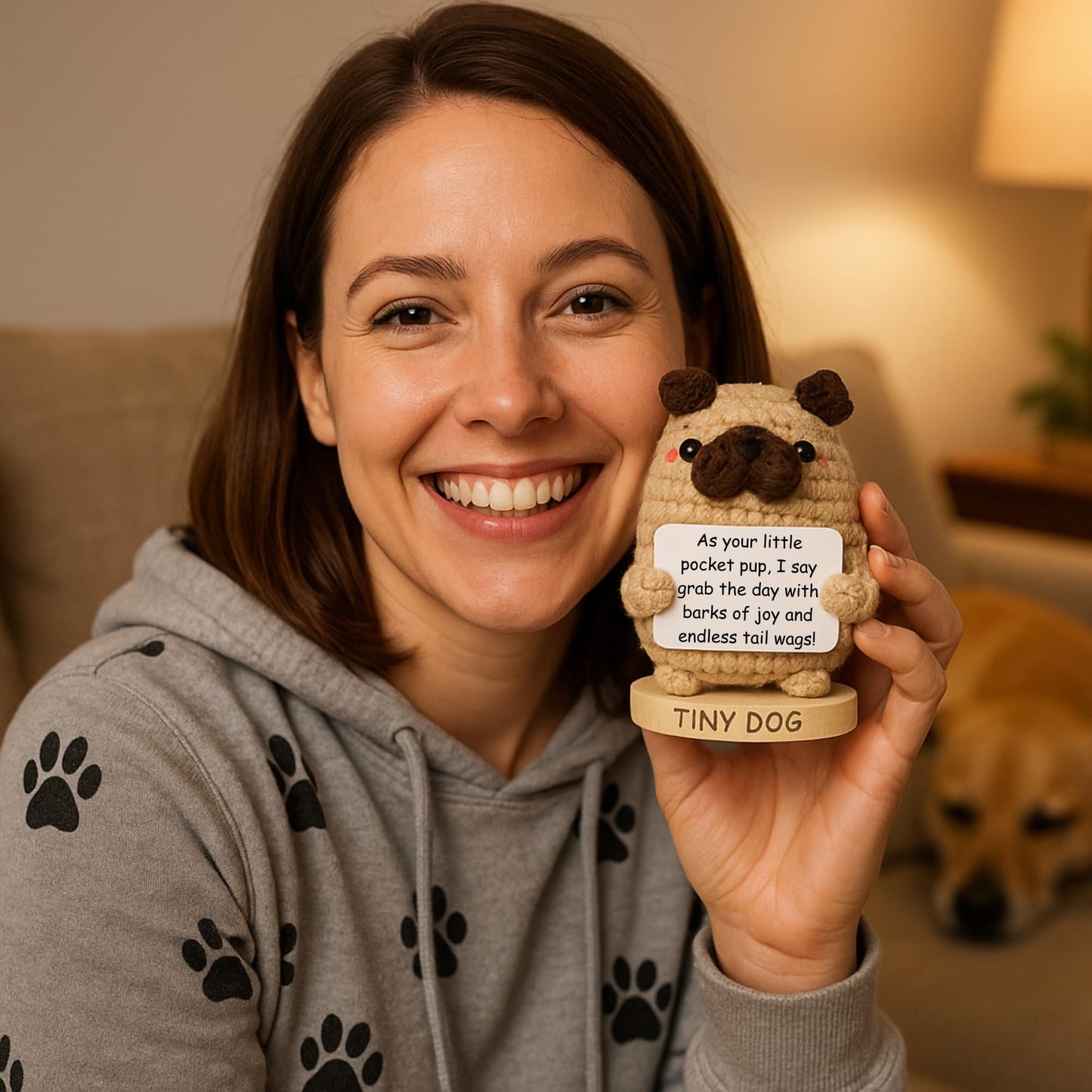 Dog lover Gifts for Women - Handmade Positive Crochet Animal W/ 30 Uplifting Signs - Funny Birthday Gifts for Dog Mom, Cute Present Idea for Women for Mothers Day, Emotional Support Office Desk Decor