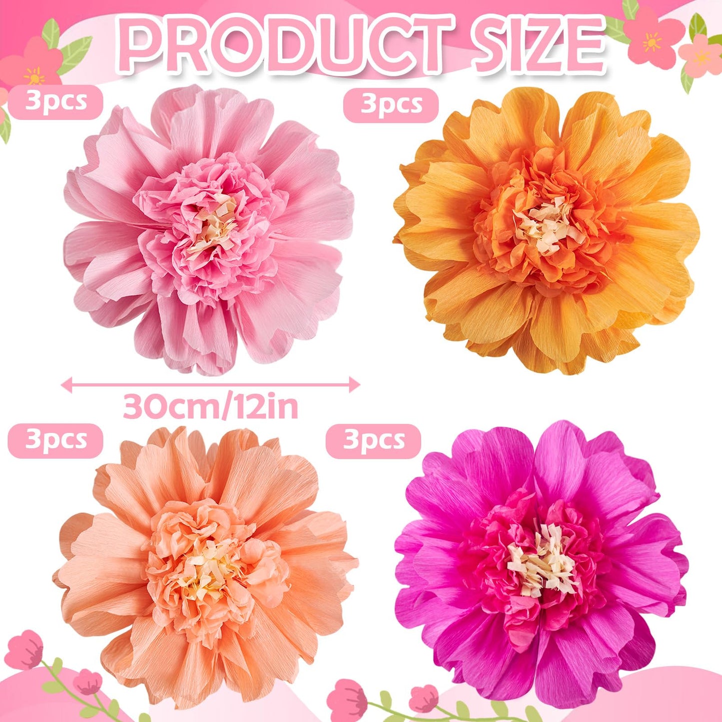 SUNBEAUTY 12PCS Large Paper Flowers 12 Inch Pink Orange Tissue Paper Flowers Pink Orange Giant Crepe Paper Flowers for Girl Women Birthday Wedding Flower Backdrop Wall Spring Garden Party Supplies