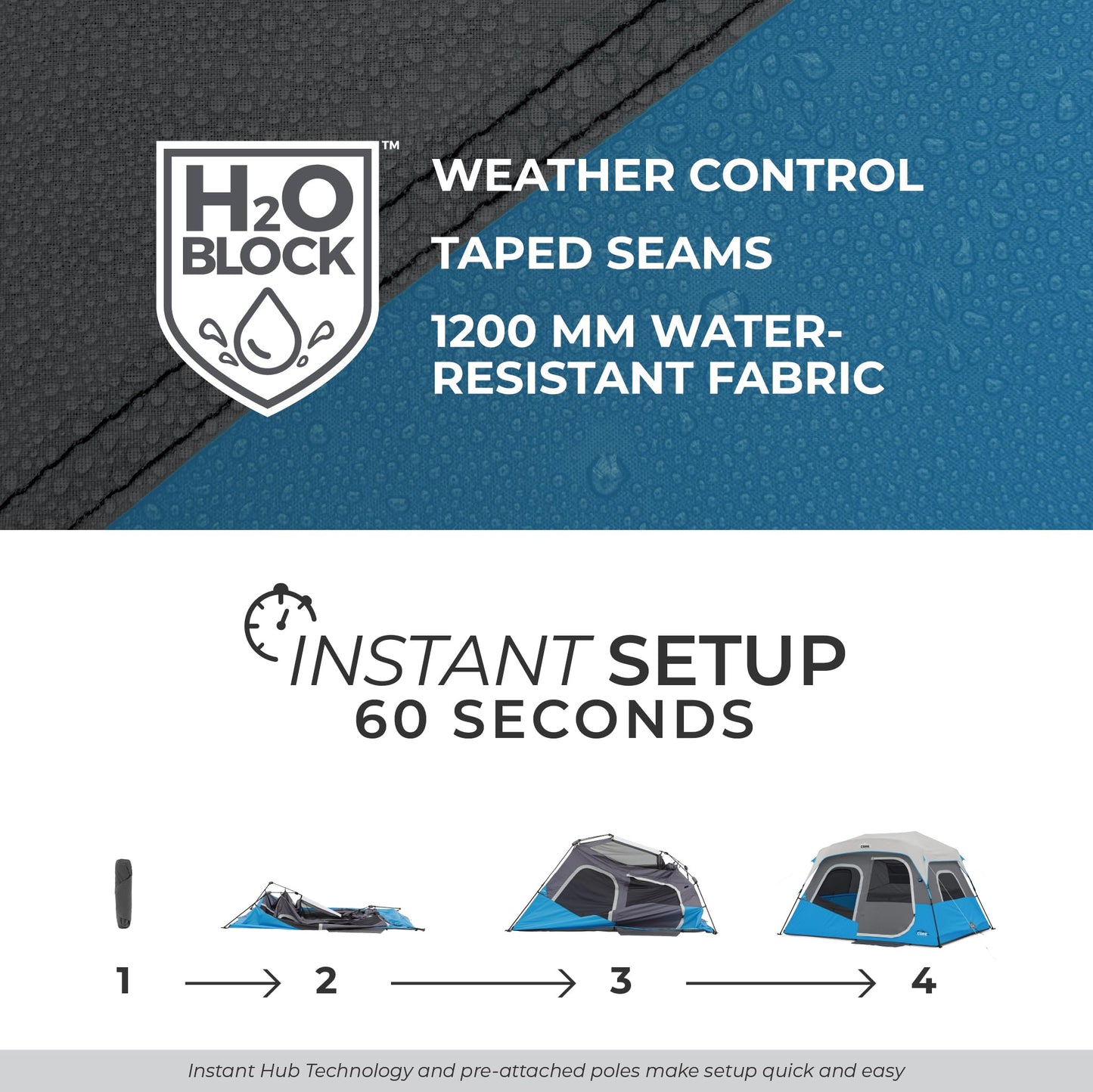 CORE 6 Person Instant Cabin Tent with LED Lights | Large Family Lighted Pop Up Tent for 60 Second Camp Setup | Included Storage Pockets for Camping Accessories