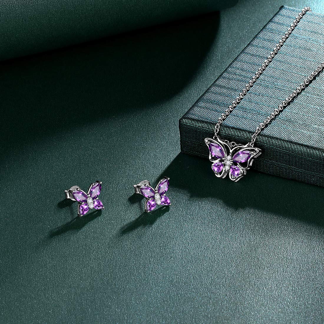Hipunk Butterfly Purple Jewelry Sets Birthstone Women 925 Sterling Silver Februsry-Amethyst Birth Stone Animal Butterflies Jewelry Sets/Earring Set Crystal Birthday Jewelry SS0001F
