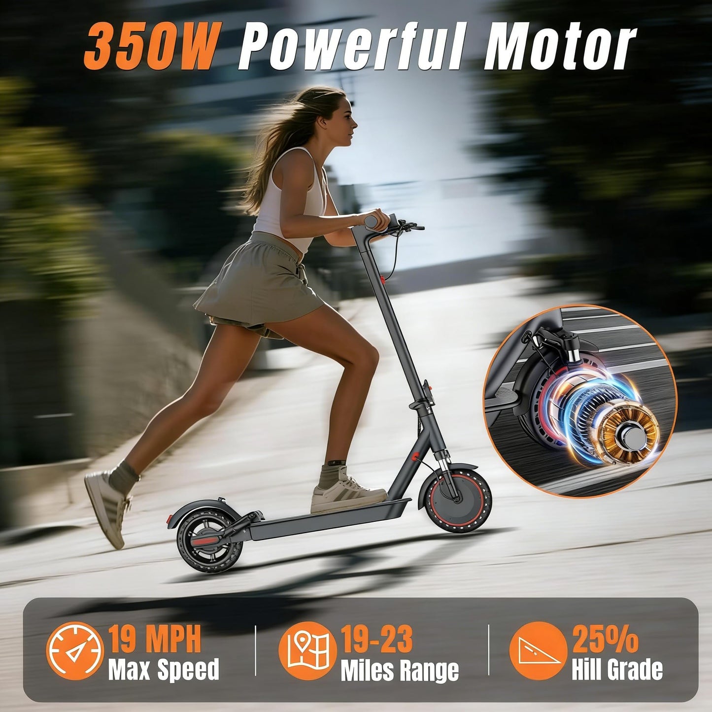 Electric Scooter for Adults with Dual Suspension System - 8.5" Solid Tires, 350W Brushless Motor, Up to 19 MPH Speed, 15 Miles Long Range, Double Braking Folding Fast E-Scooter, App Control