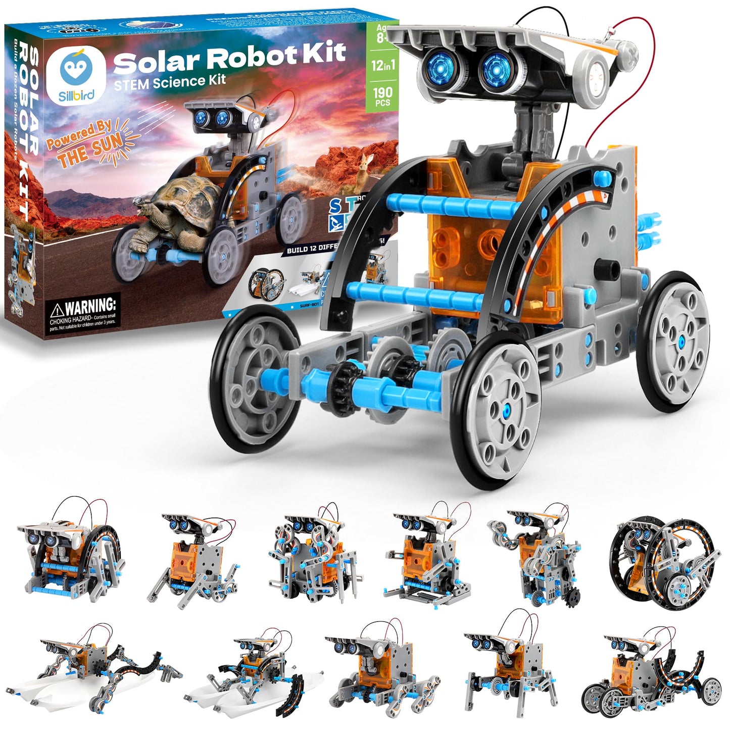 Sillbird 12-in-1 Solar Robot Building Kit STEM Gift for Boys Aged 8-13, DIY Science Educational Robotic Toys for Kids Teens Birthday, Powered by the Sun with 190 Pieces