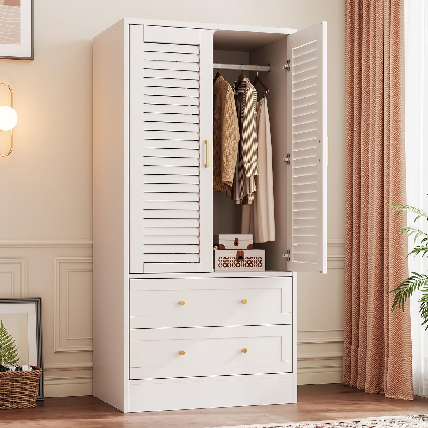 65" Louvered Armoire Wardrobe Closet, Wood Clothing Storage Cabinets with 2 Doors and 2 Drawers, Wooden Wardrobe Closet with Hanging Rod for Bedroom, Cloak Room, Laundry Room, Entrance Hall, White