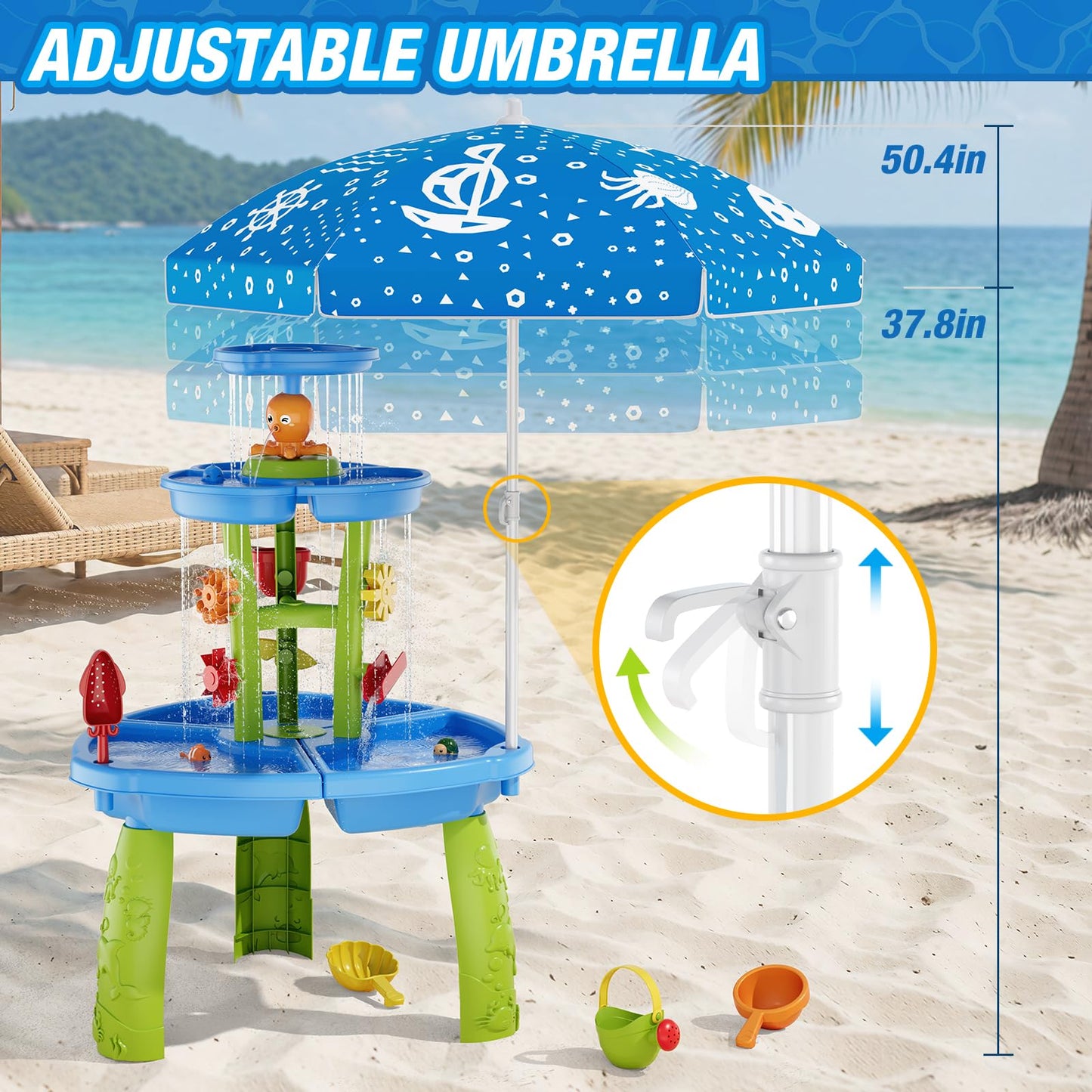HYES Water Table for Toddlers 3-5, 3-Tier 6 Zones Water Sand Table with Umbrella, Rain Showers Splash Pond Toys for Outdoor Beach Backyard Summer, Kids Activity Sensory Playset for Boys Girls, Blue