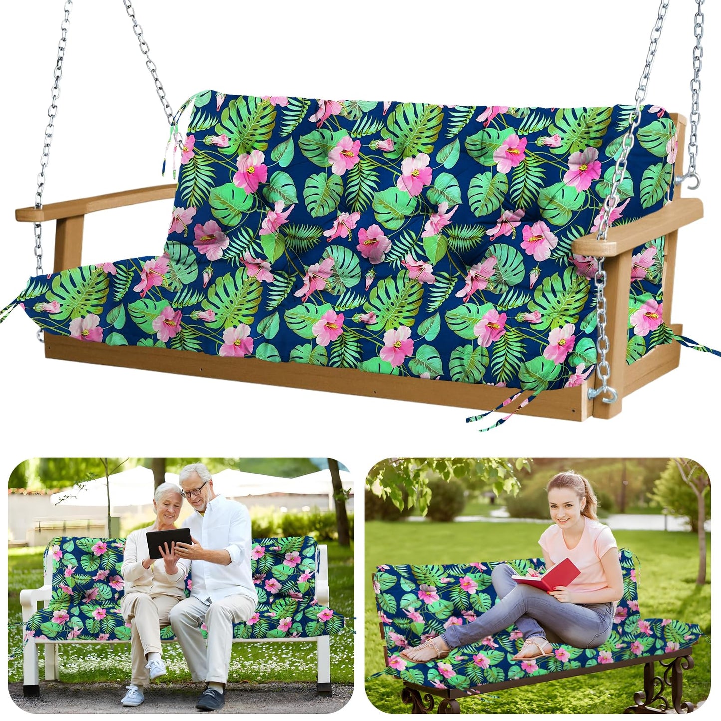 GZXAGZJ Porch Swing Cushions 70x40 inch Waterproof Outdoor Swing Cushions with Backrest and Ties Thicken 5" Swing Cushion for Outdoor Furniture Garden Lawn Patio Backyard (Rainforest Pattern)