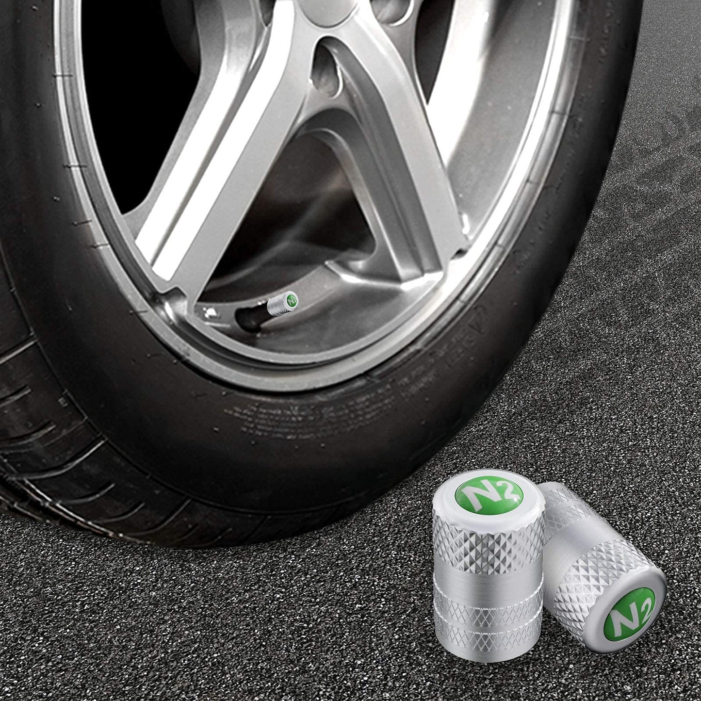 CKAuto 4 Pcs Aluminum Tire Valve Stem Caps with N2 Nitrogen Logo, Universal Stem Covers for Cars, SUVs, Bike and Bicycle, Trucks, Motorcycles | TPMS Safe | Corrosion Resistant | Dust Proof, Silver
