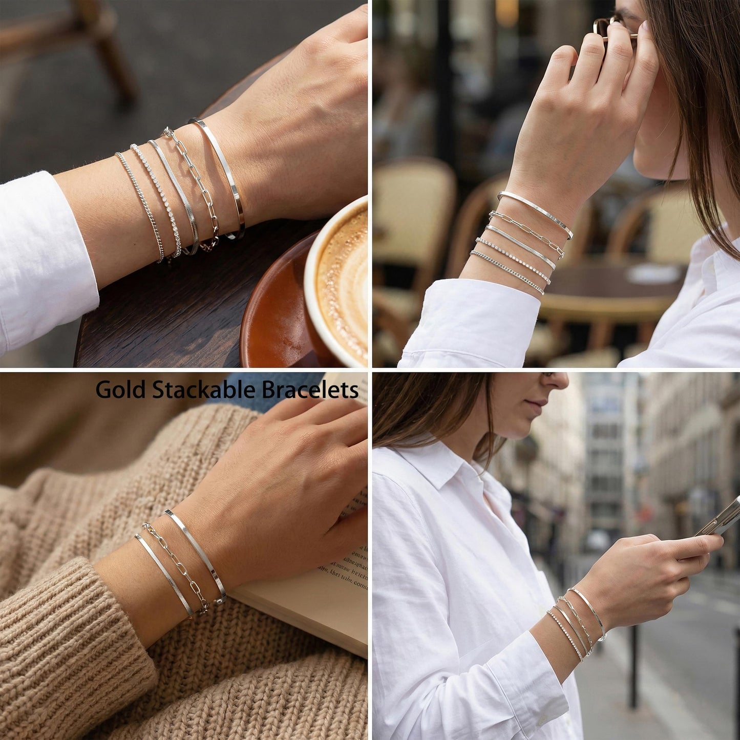 Silver Bracelets for Women 925 Silver Plated 5Pcs Dainty Bracelet Set - Waterproof Tarnish Free Stainless Steel Jewelry - Quiet Luxury Stackable Paperclip Herringbone Cuban Tennis Cuff Chain Gifts
