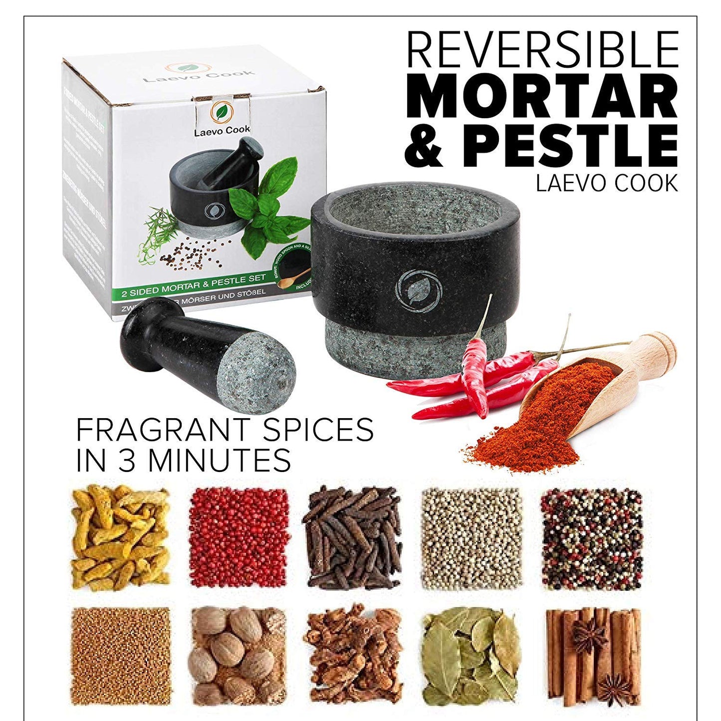 Laevo Mortar and Pestle Large Set - Black Granite Stone Spice Grinder, 2.1 Cup Capacity, 5.5 Inches - Reversible Molcajete Mexicano - Guacamole, Spices - Large Mortar and Pestles Set