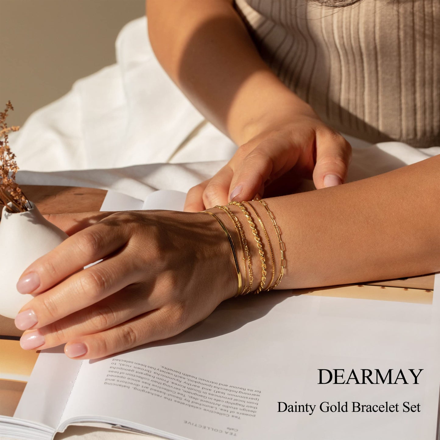 DEARMAY Gold Bracelets for Women Non Tarnish Jewelry Sets 14K Gold Plated Bracelets Stack Trendy Dainty Stackable Paperclip Rope Snake Box Figaro Chain Bracelets Set Pack Costume Fashion Gifts