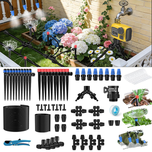 165FT Drip Irrigation System with Timer, Automatic DIY Garden Watering Kit with 1/2" & 1/4" Tubing, Solid Brass Connectors & Adjustable Sprayers for Plants, Garden, Lawn, Greenhouse, Raised Beds