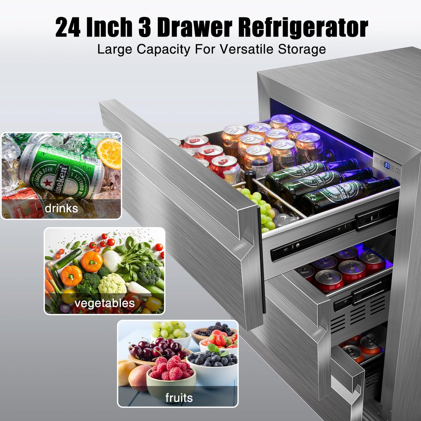 Velieta 24 Inch Upgraded Three-Drawer Beverage Fridge, Weather Proof Outdoor Stainless Steel Beverage Refrigerator, Under Counter Built-in Beverage Cooler for Home & Commercial Use