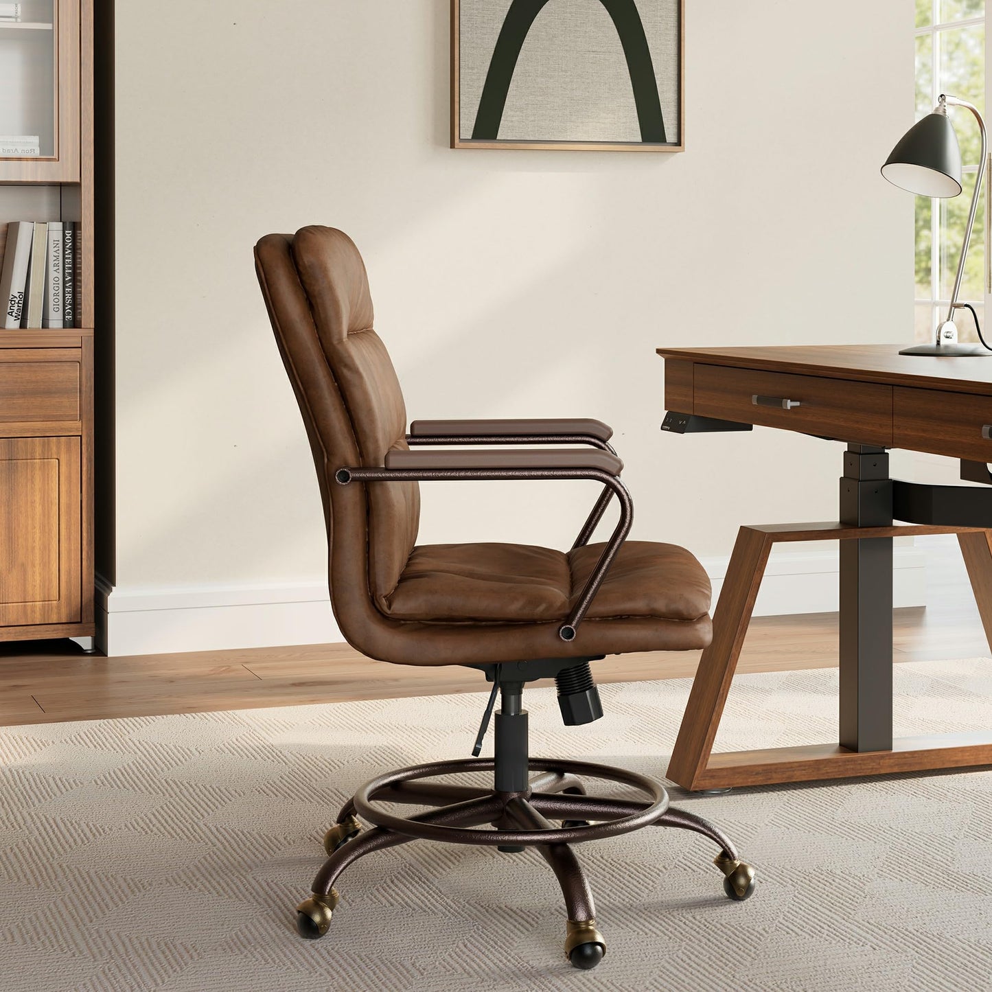 EUREKA ERGONOMIC Mid-Century Vintage Office Chair, Faux Leather Executive Desk Chair with Unique Ball Casters and Fixed Footrest Ring, Brown Retro Swivel Chair for Home Office and Study, Brown