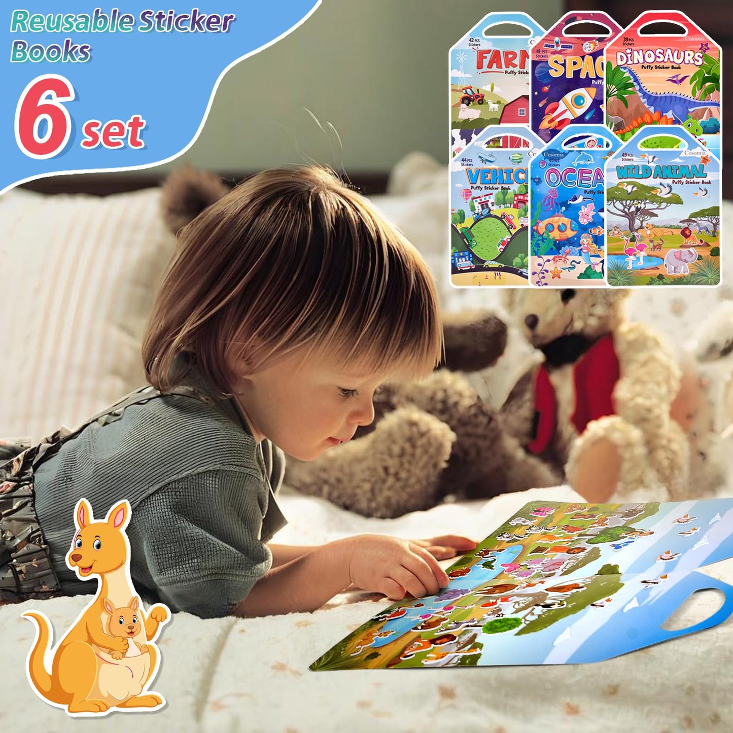 Cosomia 6 Set (260pcs) Puffy Sticker Books Activity for Kids, Animal, Farm, Dinosaurs, Space, Vehicle, Ocean, 3D Reusable Stickers for Boys and Girls, Travel Sticker Books for Kids Ages 3+