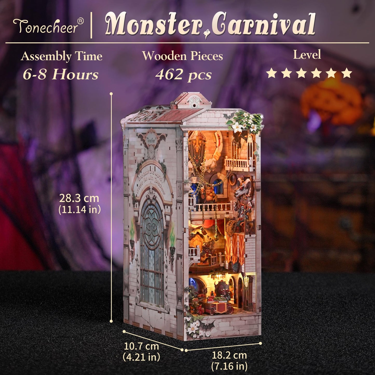Tonecheer DIY Book Nook Kit for Adults, Double-Sided Booknook Wooden 3D Puzzle Bookend Miniature House Kit, Fantasy Bookshelf Decor with Dust Cover and LED Light for Birthday Gifts (Monster Carnival)