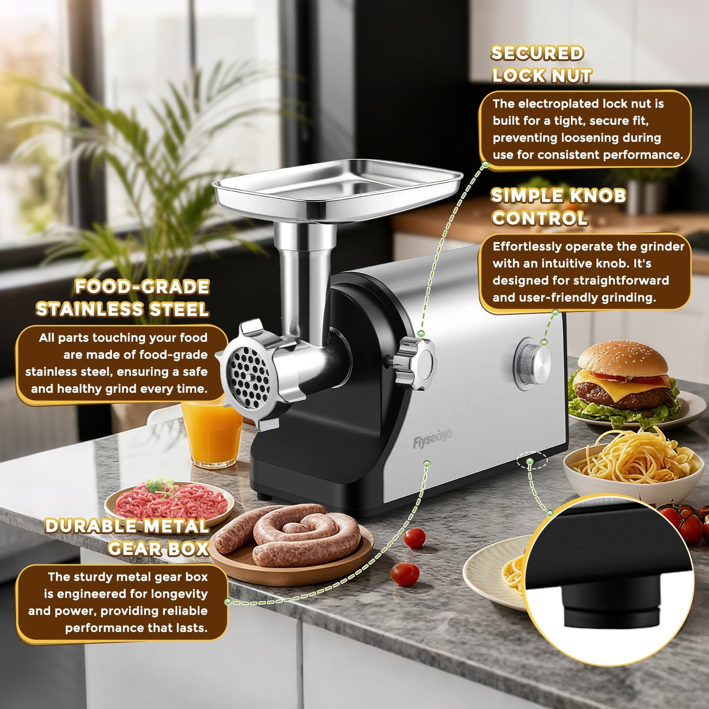 Flyseago Electric Meat Grinder 3200W Heavy Duty Commercial Meat Grinders, Sausage Stuffer, Kubbe Kit with 2 Cutting Blades, 3 Grinding Plates, 3 Sausage Tubes, Metal Gearbox Meat Grinder for Home Use