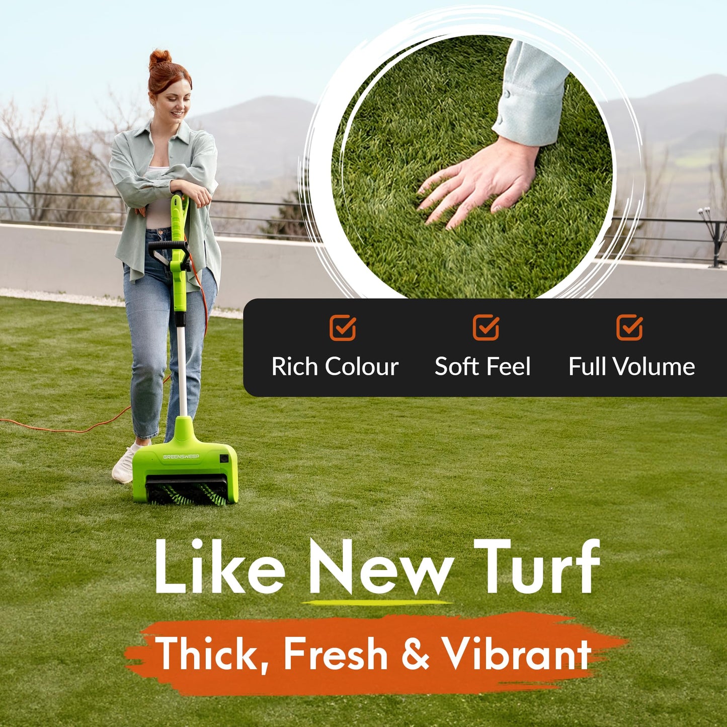 GreenSweep Reviver | Artificial Grass Electric Power Brush, Mains-Powered Turf Cleaner, Lightweight Compact Design, Restores Flattened Turf & Removes Dirt
