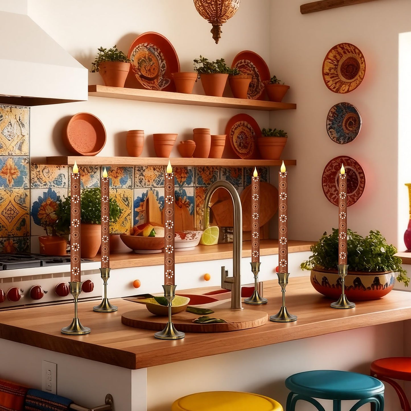 Honoson 6 Pcs Cielito Lindo Party Decorations Mexican Flameless Taper Candle 10.6 Inch Terracotta LED Candles Battery Operated Candlestick for Mexican Barro Home Cinco De Mayo Party Table Decor Gift