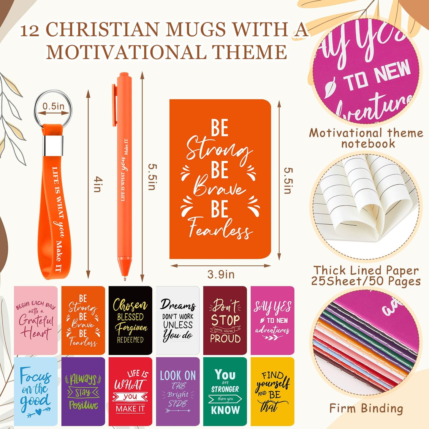 Hollowfly 12 Sets / 48 Pcs Inspirational Gifts Bulk for Employee Appreciation, 24 oz Plastic Cups and Pens Notebooks Keychains Set, Group Gifts for Office Staff Coworkers (Colorful)