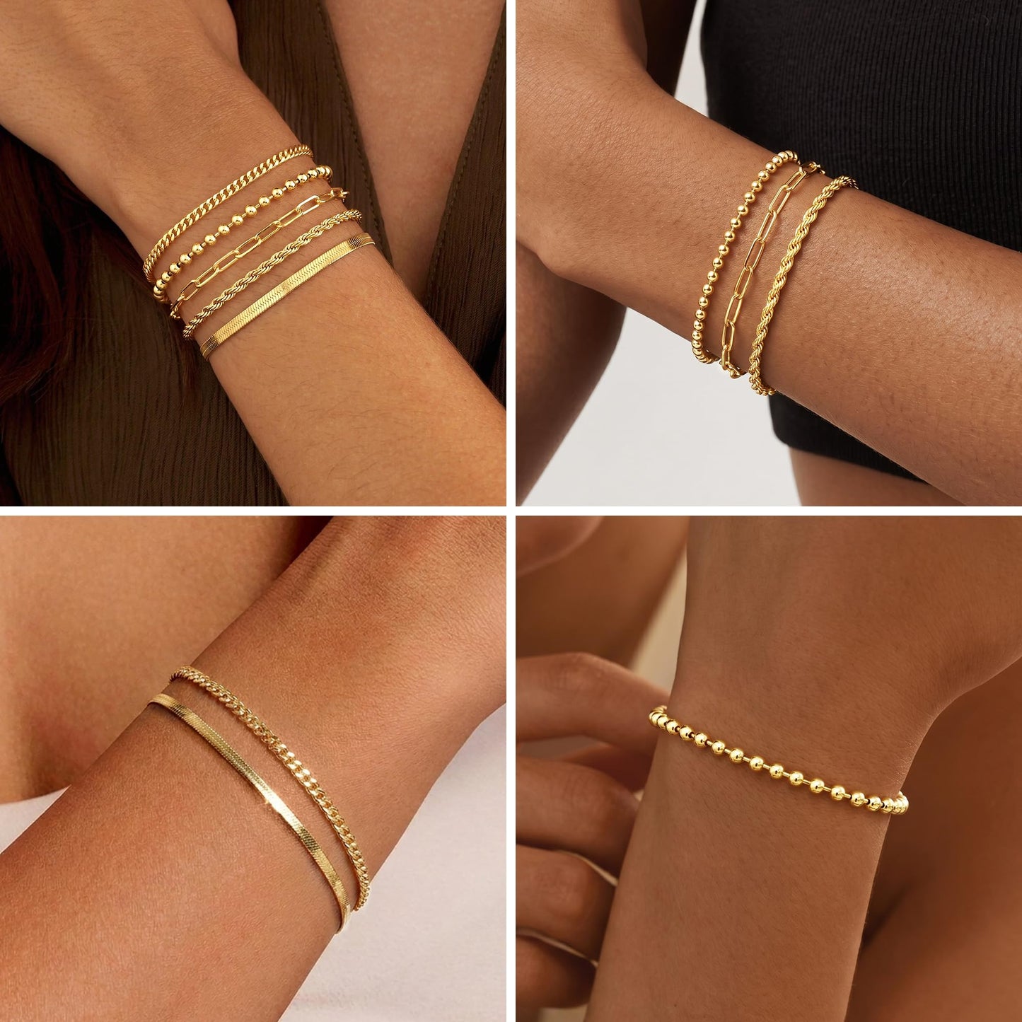 Gold Bracelets for Women 14K Gold Plated 5Pcs Dainty Bracelet Set - Waterproof Tarnish Free Stainless Steel Jewelry - Quiet Luxury Stackable Paperclip Herringbone Cuban Tennis Cuff Chain Gifts