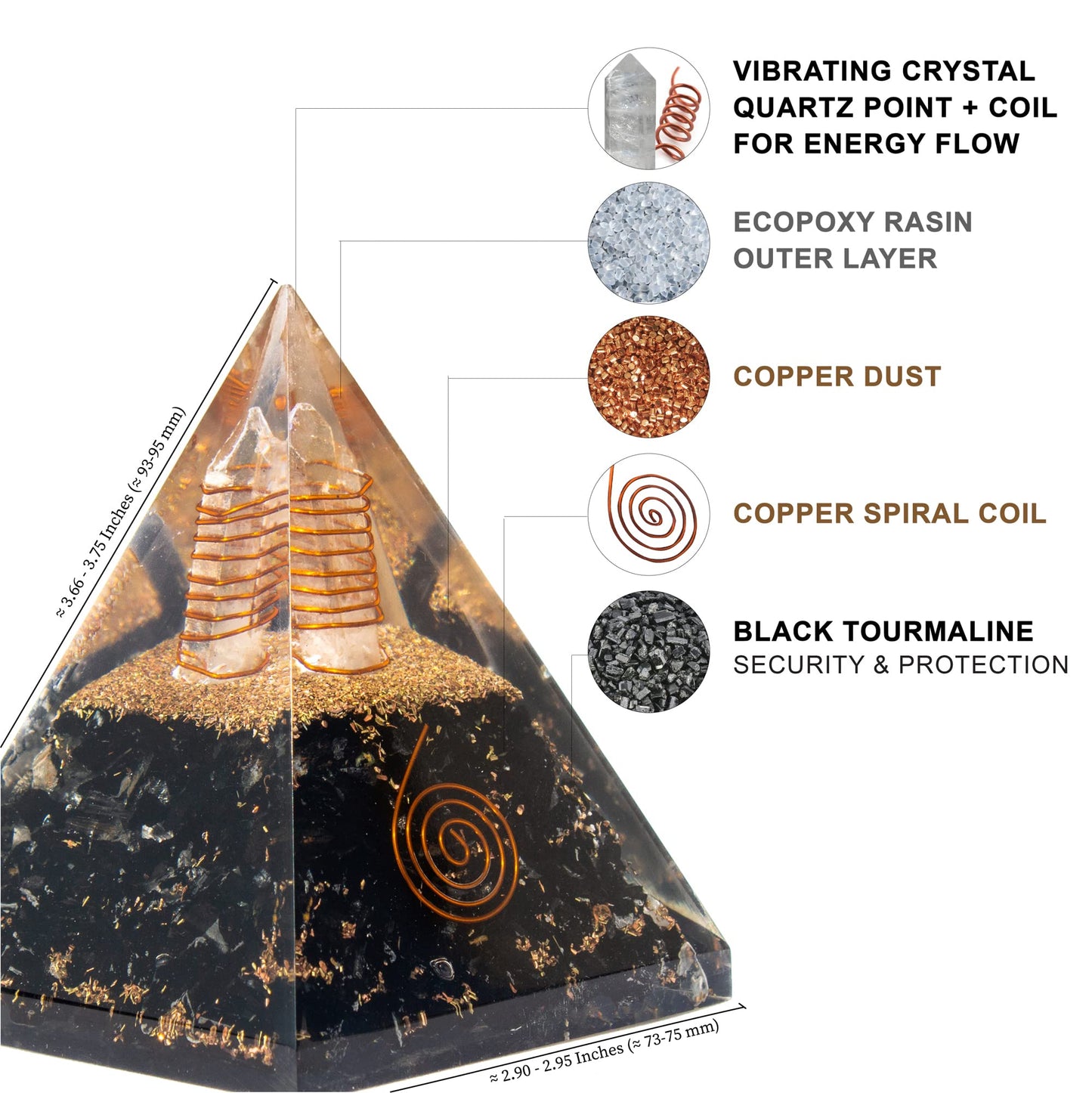 Black Tourmaline Orgone Pyramid for Protection & Security | Orgonite pyramids with Copper Coil and Crystal Quartz for Chakra Protection