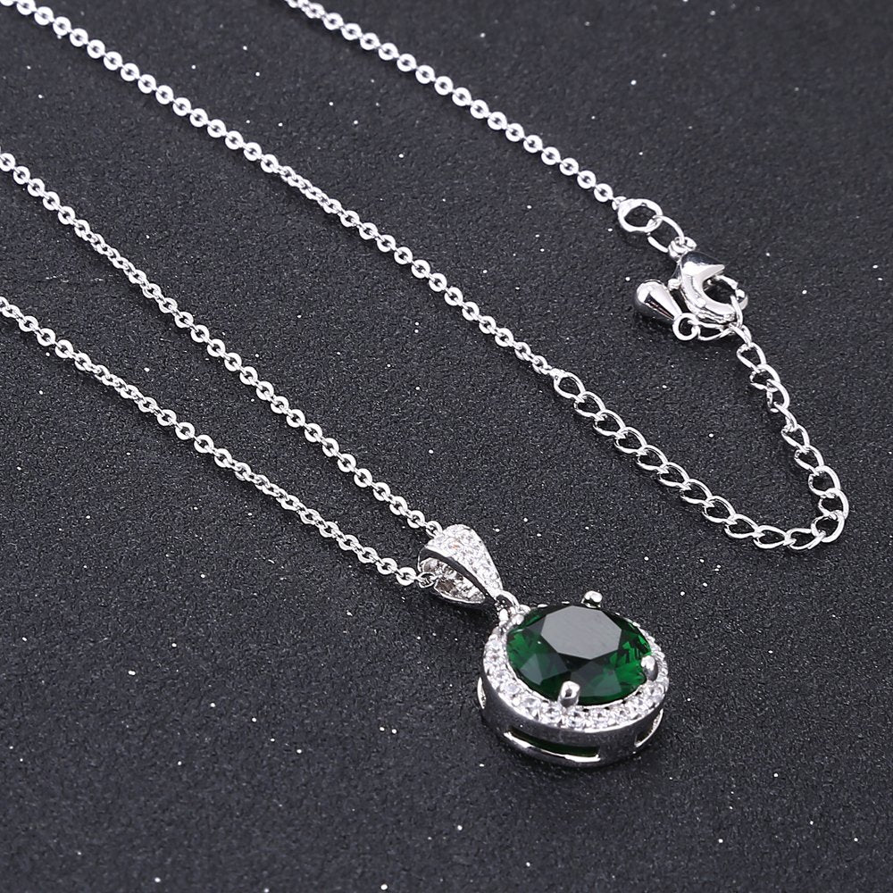 AMYJANE Emerald Necklace and Earrings Set - 14k White Gold Plated Green Round Cubic Zirconia Crystal Pendant and Halo Stud Earrings - May Birthstone Fashion Jewelry for Women