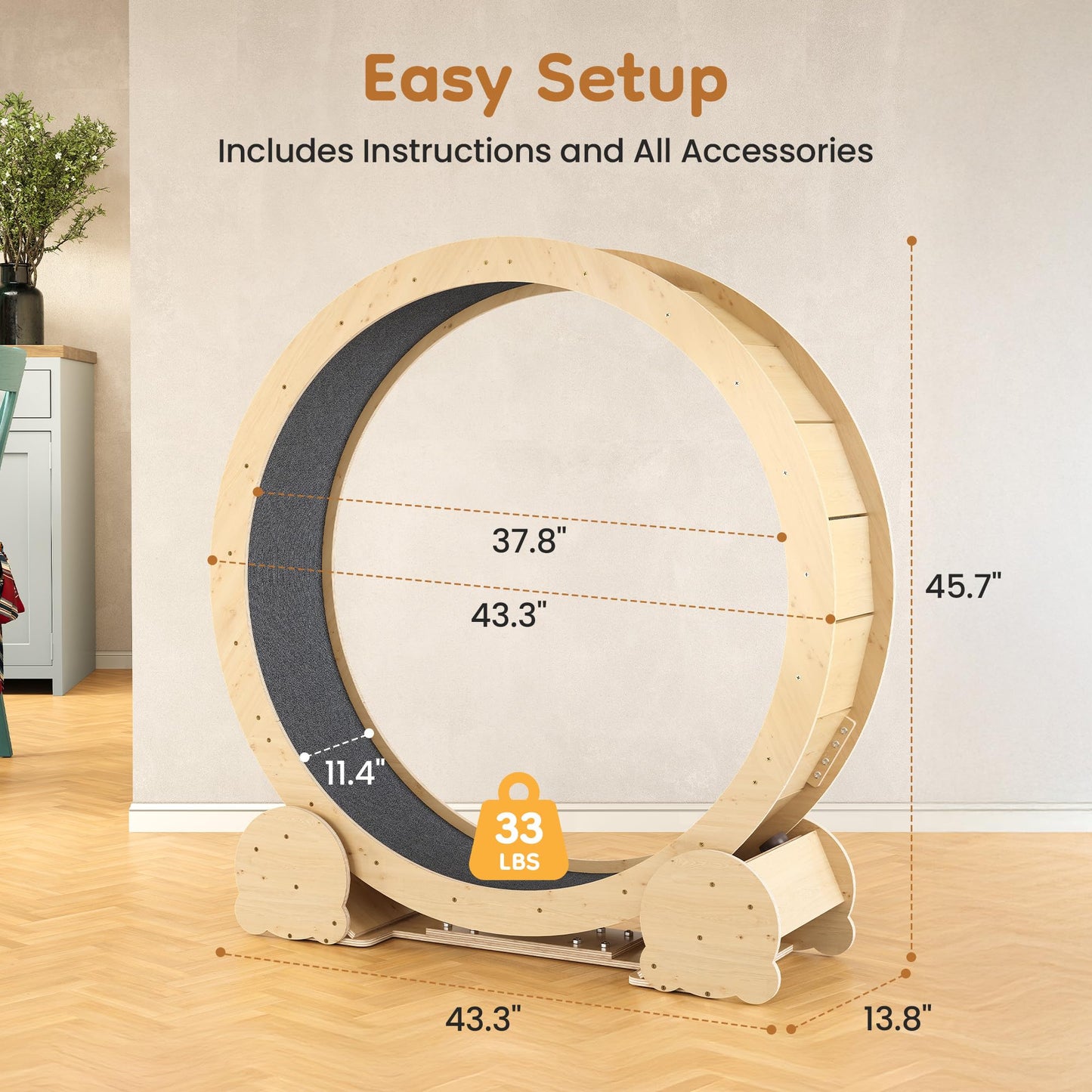 FansaFurn Cat Exercise Wheel for Indoor Cats – 46" Running Treadmill with Felt Track, Perfect for Small & Adult Cats, Natural Wood Color
