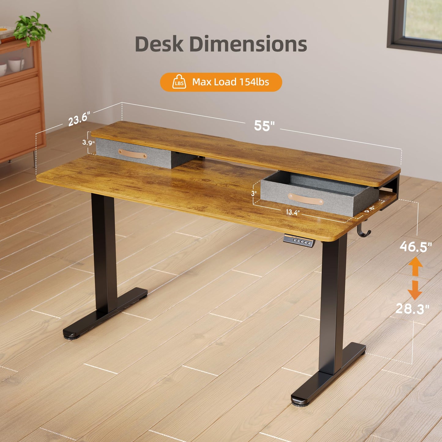 Seang Electric Standing Desk with 2 Drawers, Adjustable Standing Desk with Storage Shelf, Height Adjustable Stand up Desk for Home Office with 3 Presets & 2 Hooks, 55 Inch, Rustic Brown