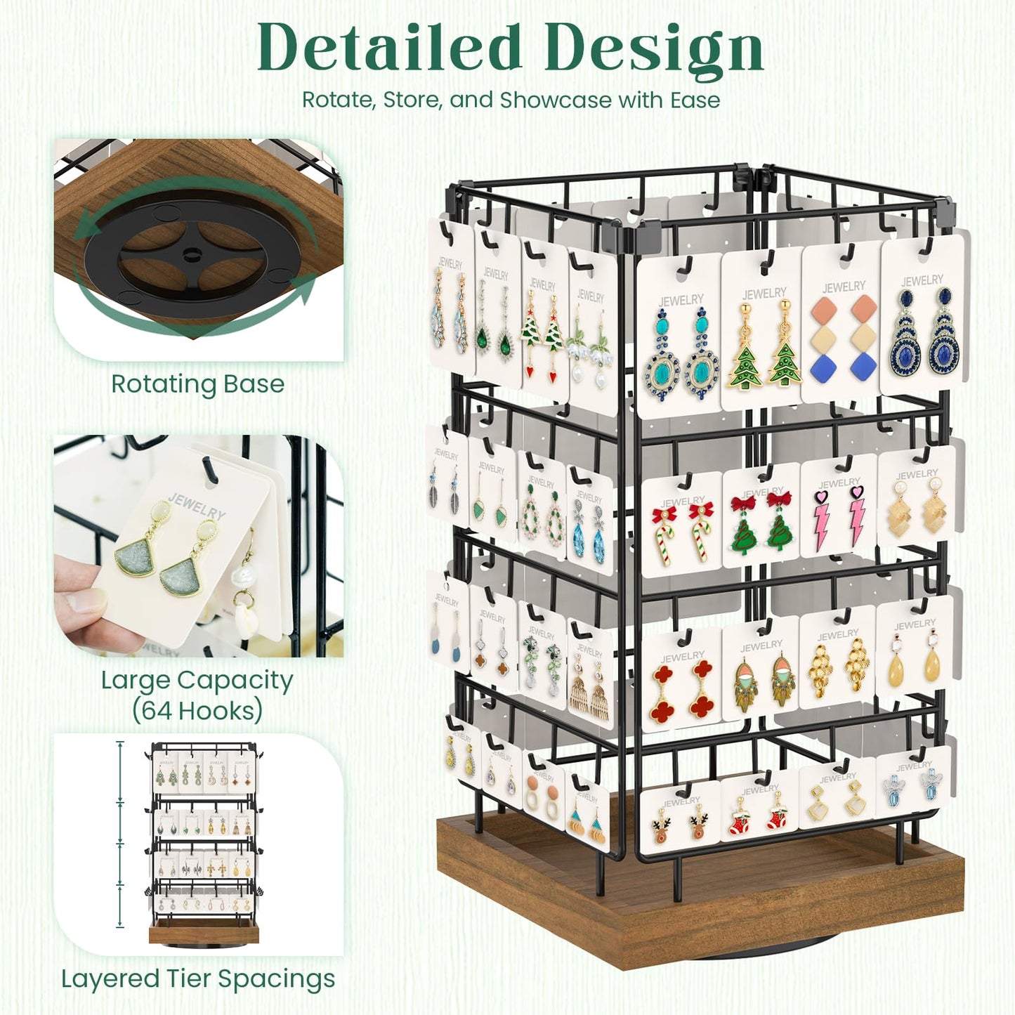EsLuker.ly Rotating Earring Display Holder Stand for Vendors Events Selling, Large Capacity 64 Hooks Jewelry Rack with Wooden Base for Earring Card Sales, Enhances Retail Display Visibility