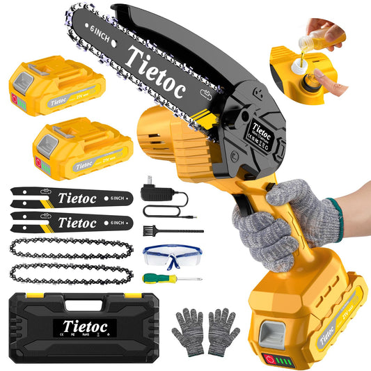 Mini Chainsaw Cordless,6 Inch Portable Electric Chainsaw with 2 Battery 2 Chains,Battery Powered Small Handheld Chain Saw with Automatic Oiler,for Tree Trimming,Cutting Wood,Garden Tool,Gift for Men
