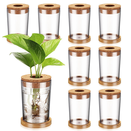 Baderke 9 Packs Propagation Vases for Plants Plastic Plant Propagation Station with Hole Lid and Bamboo Stand Growing in Water Hydroponic Home Office Table Decoration(Stripe Style)