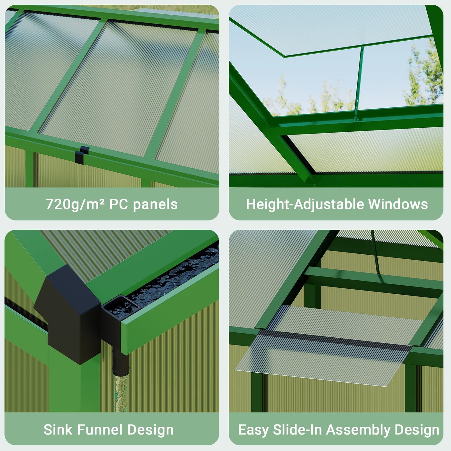 6x8 FT Greenhouse, Easy Assembly Aluminum Polycarbonate Greenhouses for Outdoors with Roof Vent, Large Aluminum Walk-in Greenhouse for Sunroom Patio, Backyard, Garden, Sliding Lockable Door, Green