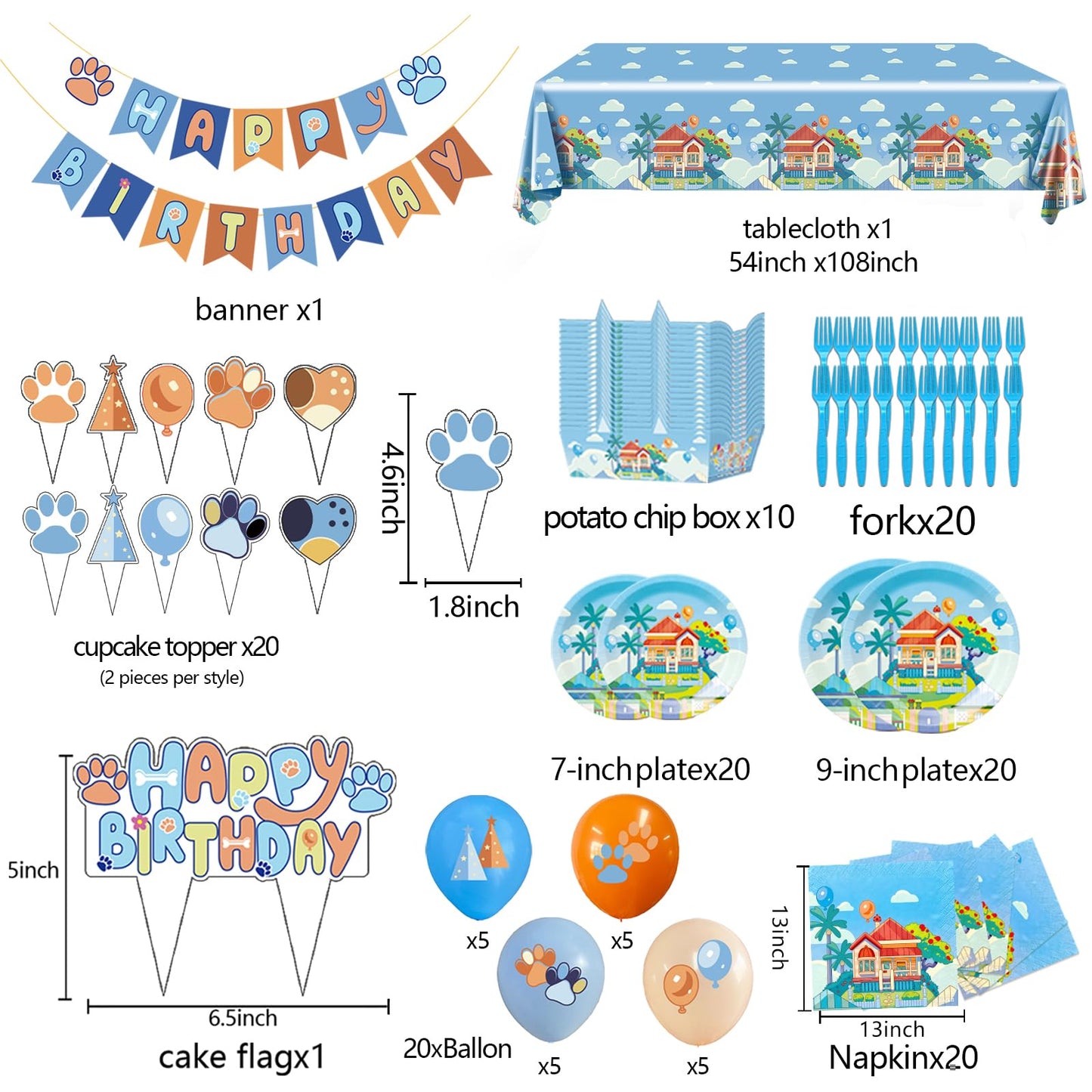 133PCS Blue Birthday Party Supplies - Serves 20 Guests，Blue Birthday Decorations, Blue Plates and Napkins, Tablecloth, Balloons, Banner, Cake Toppers, Fork & Paper Food Trays - Party Supplies