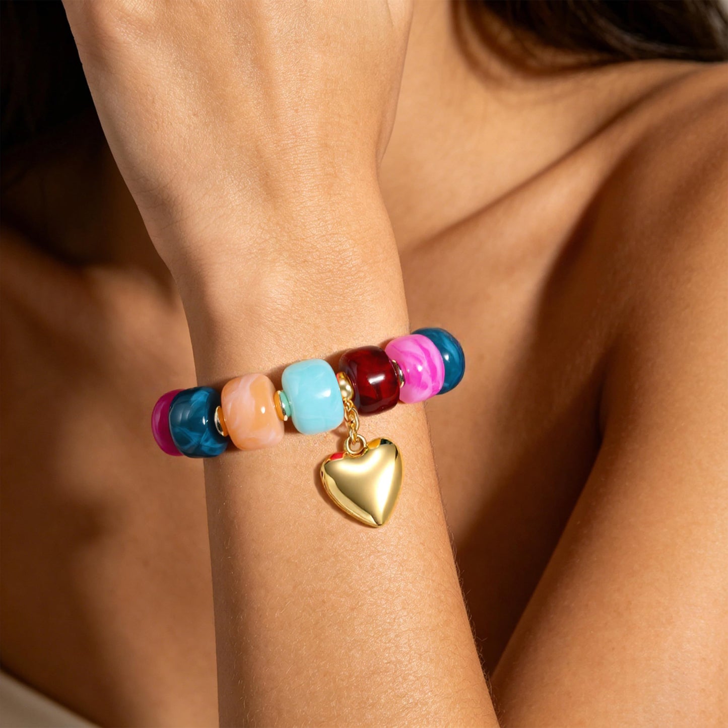 Coprall Colorful Beaded Bracelets Boho Jewelry for Women Multicolor Resin Chunky Bracelet Summer Vacation Outfits Beach Gifts(Heart)