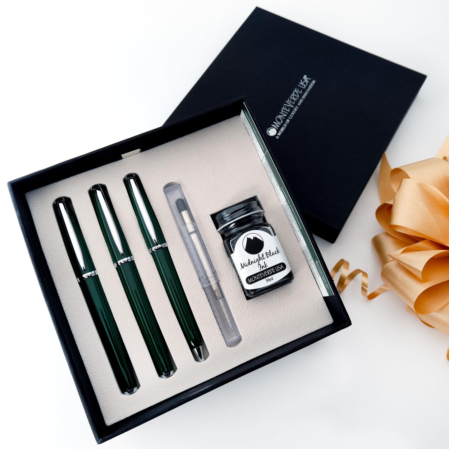Monteverde USA Aldo Domani 3+2 Piece Set Green | Fountain, Rollerball, Ball Pen |Medium Nib | Large Luxury Gift Box with Free Gel Refill & Ink Bottle