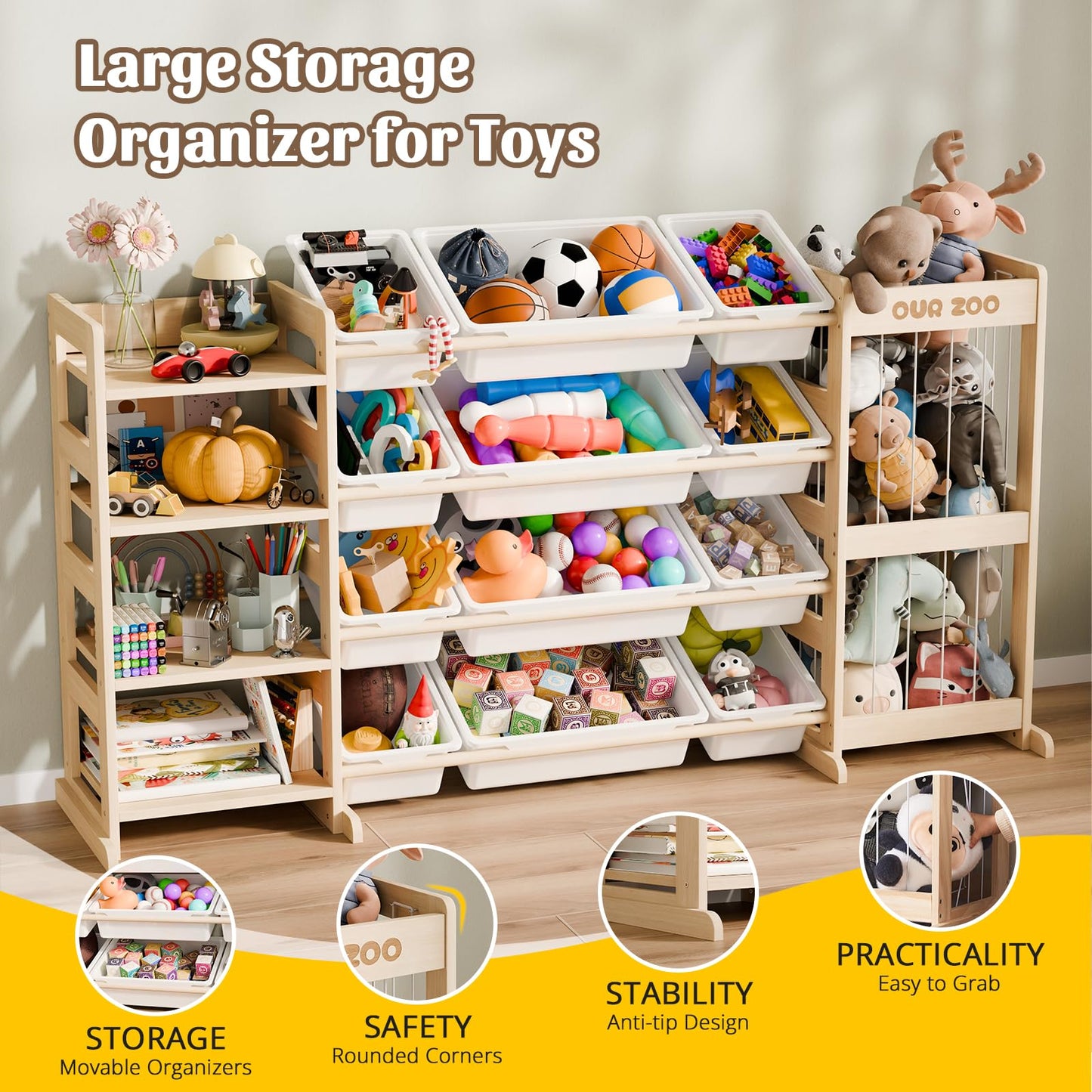 Large Kids Toy Storage Organizer - Toy Organizers and Storage with Stuffed Animal Storage, Kids Toy Storage Shelf with 12 Plastic Bins, 4-Tier Bookshelf for Kids Room, Playroom, Bedroom, 59 inch