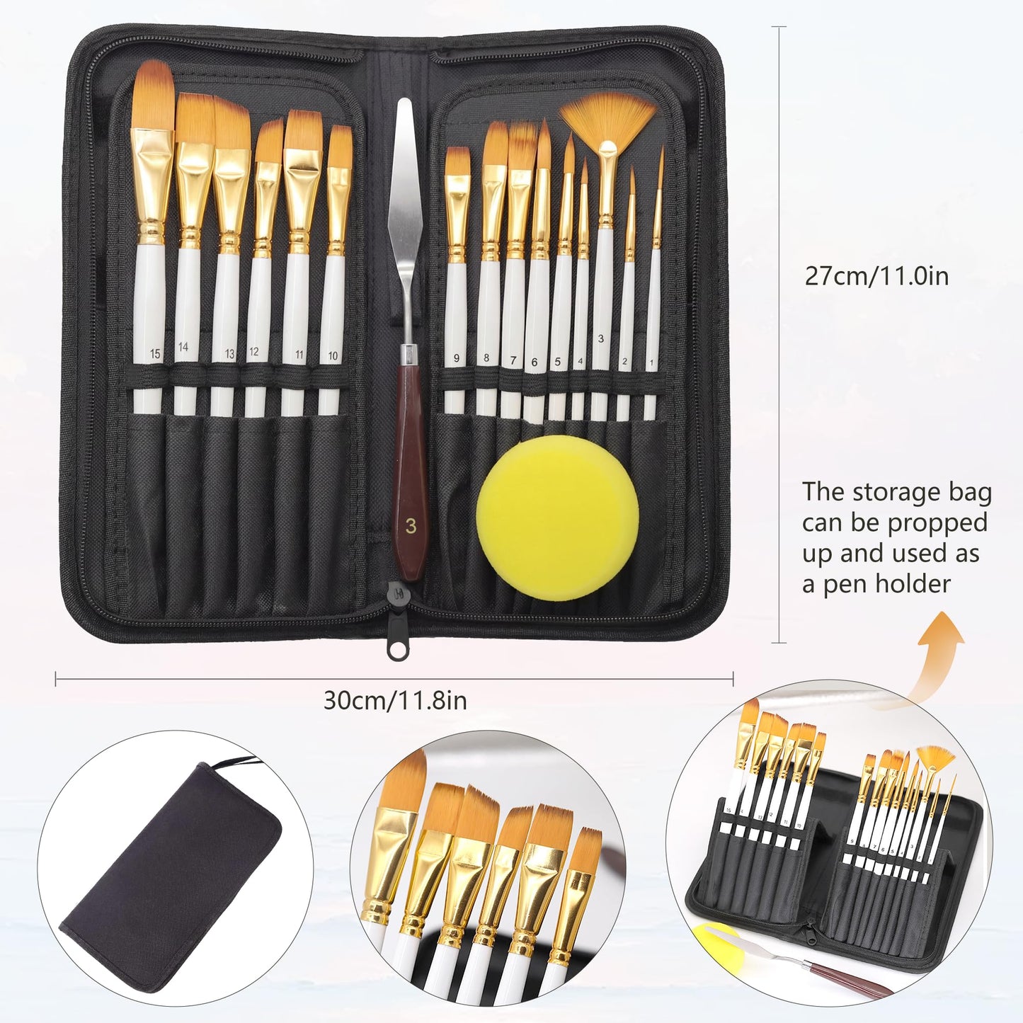 JYN-ANREN 17Pcs Paint Brush Set with Palette Knife & Sponge, Standing Storage Case as Brush Holder, Professional Artist Brushes for Acrylic, Oil, Watercolor