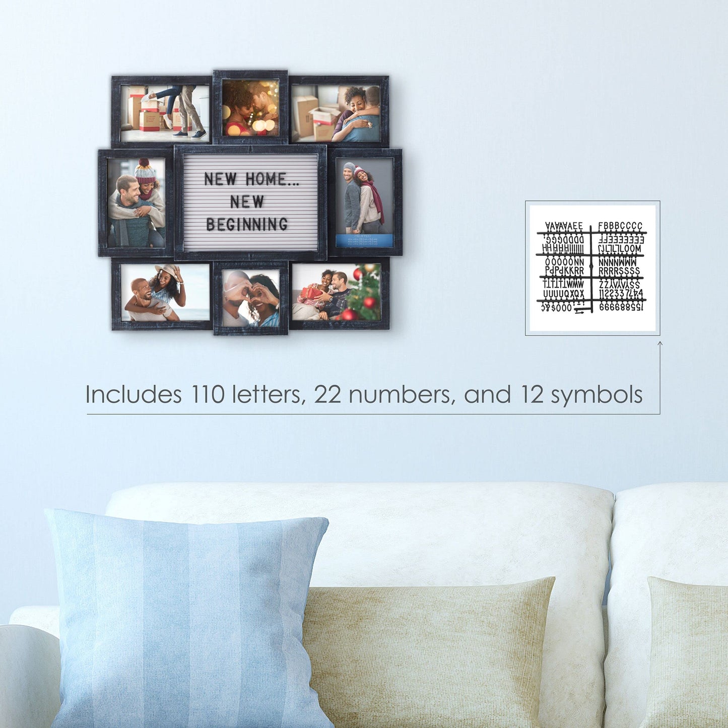 MELANNCO Collage Picture Frame with Letter Board, 8 Opening Photo Display for 4x6 and 4x4 Photos, 19 x 17 Inch Wall Decor with 144 Changeable Letters, Numbers and Symbols, Distressed Black