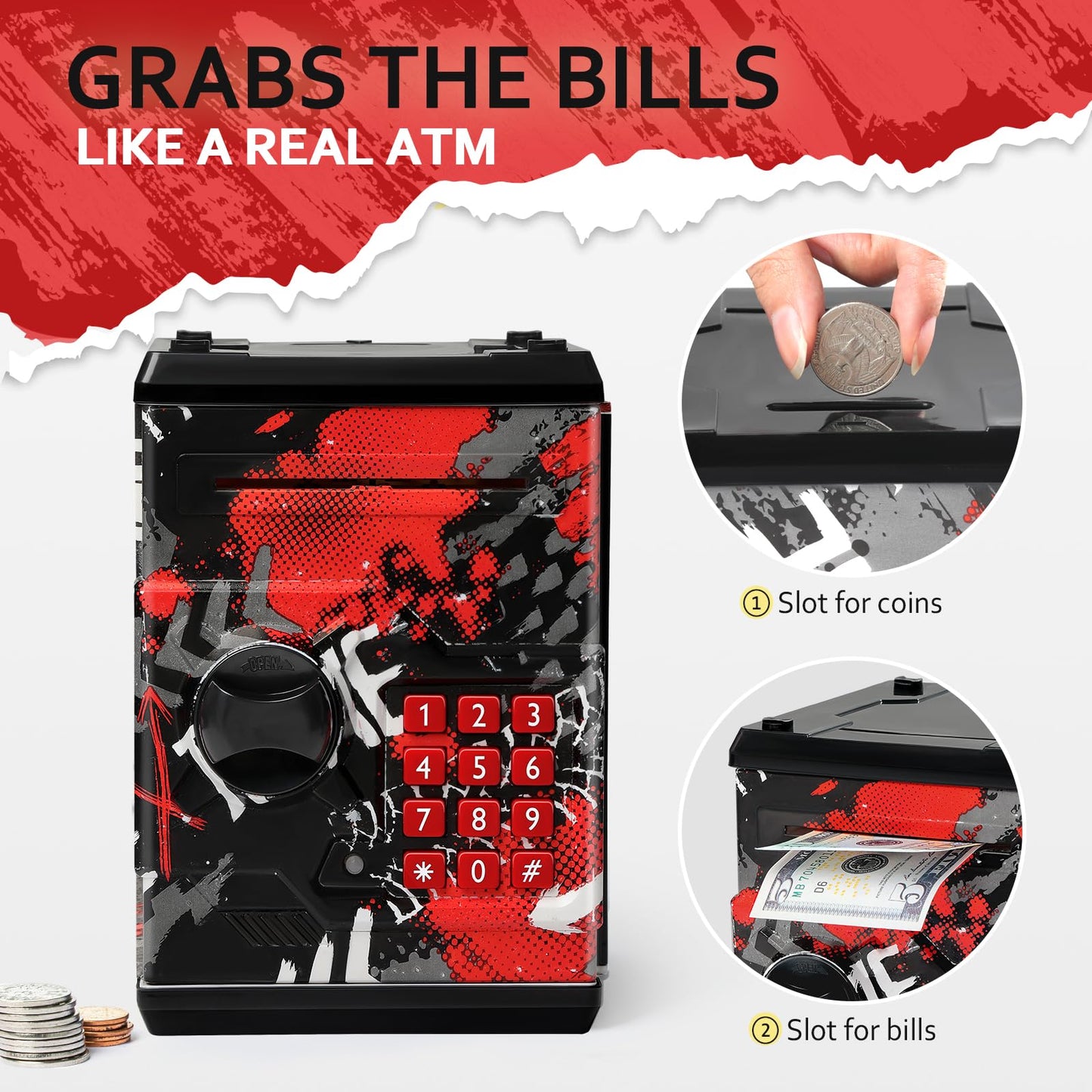 ATM Piggy Bank for Boys Girls, Vcertcpl Mini ATM Coin Bank Money Saving Box with Password, Kids Safe Money Jar for Adults with Auto Grab Bill Slot, Great Gift Toy Bank for Kids