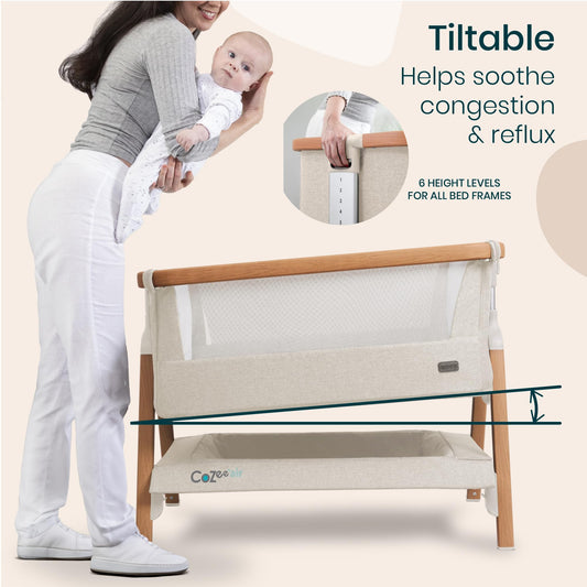 Tutti Bambini CoZee® Air Baby Bassinet & Bedside Sleeper - Rocking Bassinet for Baby, Fast-Folding with Travel Bag, Deluxe Airflow Mattress & 6 Mattress Heights, 0-6 Months (Walnut & Ecru)