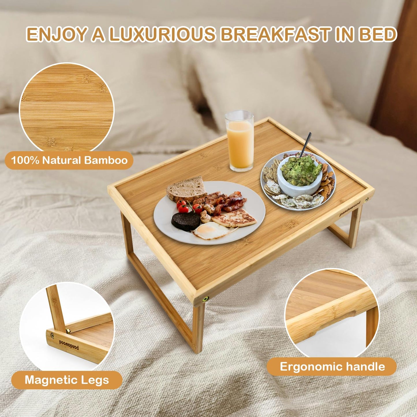 Bamboo Breakfast Tray for Bed - Bed Tray Table with Folding Legs for Eating - Foldable Food Tray with Handles - TV Lap Tray for Couch Adults Kids - Portable Bamboo Bed Tray with Legs for Laptop
