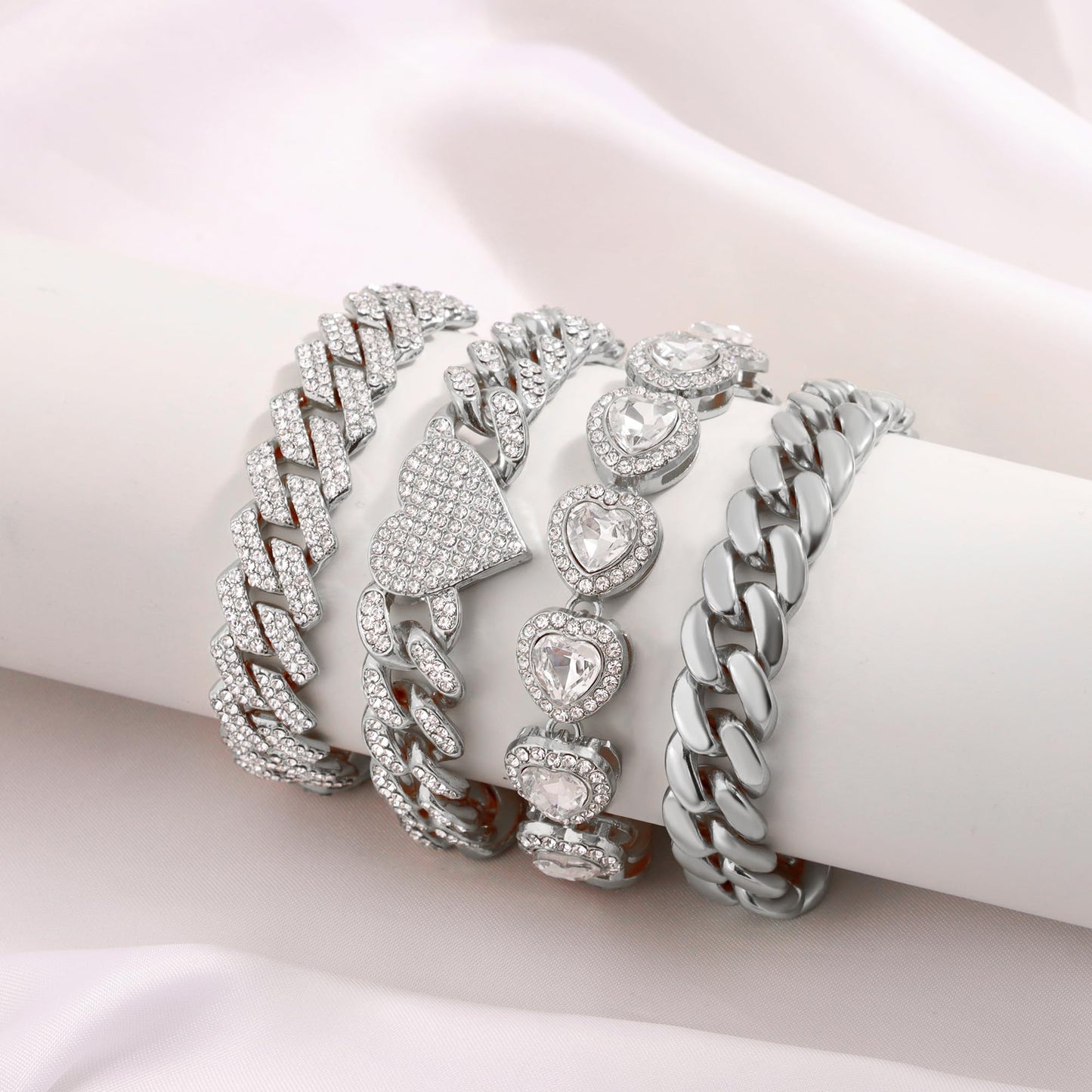 shopbyskyler 4PCS Gold Bracelets for Women Silver Clustered Tennis Bracelet for Women Heart Round Diamond Cuban Bracelet Layered Link Bracelet Set Fashion Jewelry for Women Set (Silver-2, 8inch)