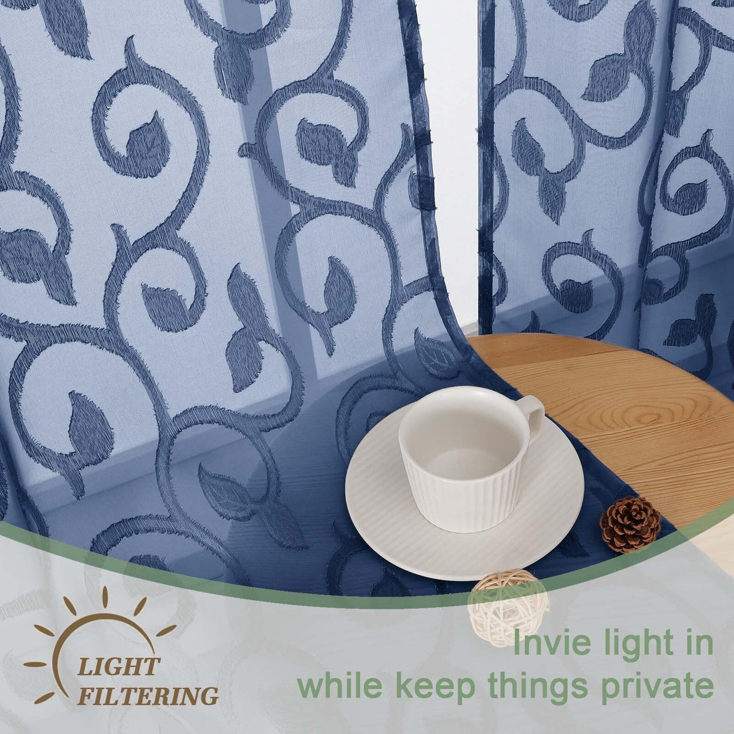 WelvetBLK Sheer Dusty Blue Curtains for Bedroom Living Room 63 Inch Length 2 Panels Set, Soft Airy Light Filtering Geometric Jacquard Clip Curtains Drapes, Modern Rod Pocket, 2Pcs 42" Wx63 L Inch