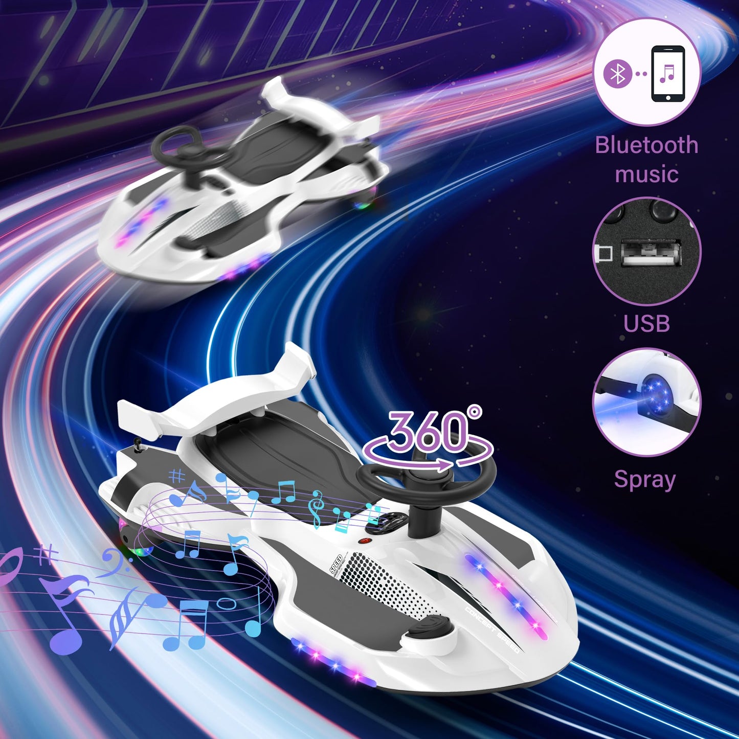 12V Electric Wiggle Car with Pedal for Kids, Rechargeable 2 in 1 Swing Car, Drifting Ride On Toys with Backrest, Anti-Rollover, Spray, Flashing Light, Music, for Ages 3 and Up (White)