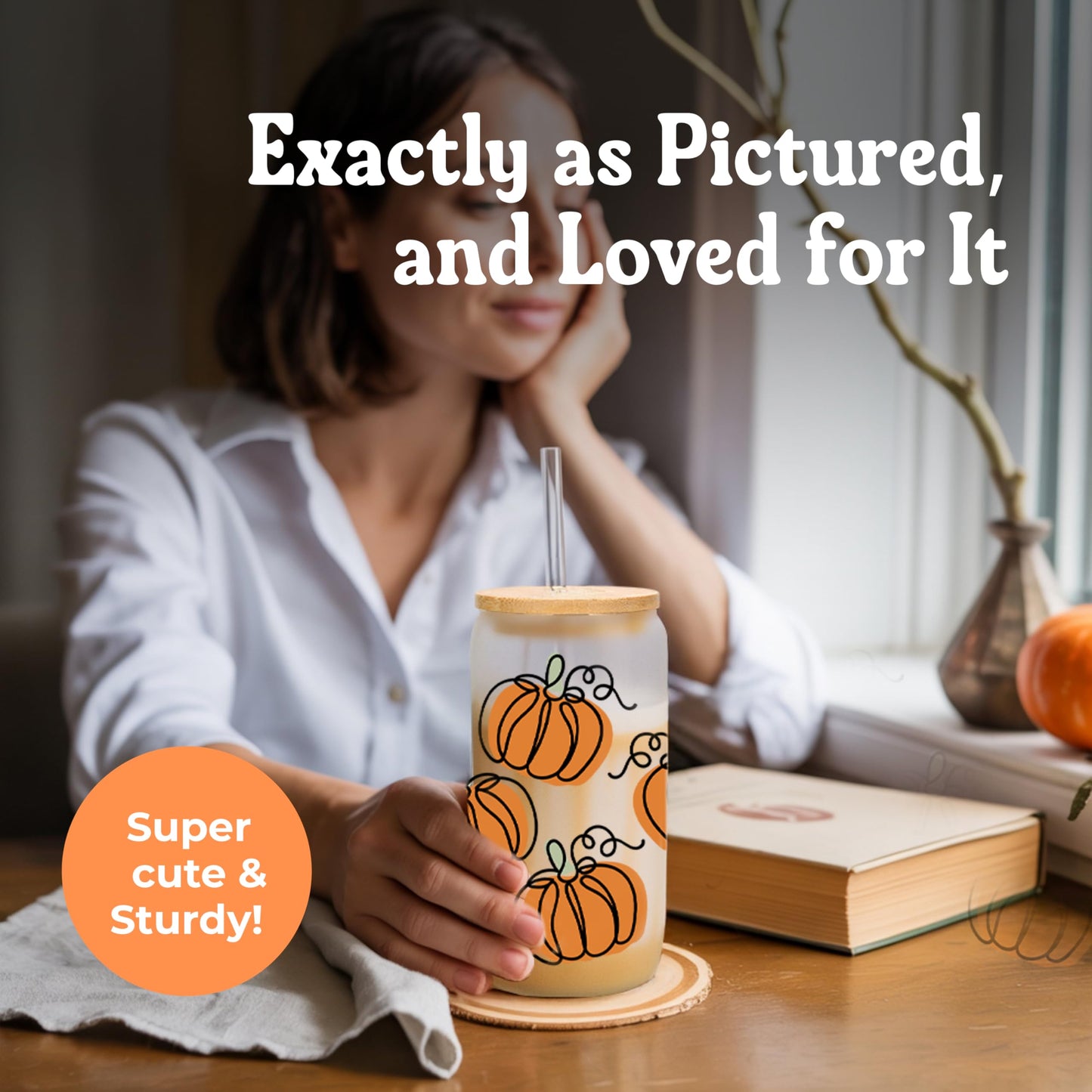 BOYIN HUES Halloween Pumpkin Cups - Cute Halloween Gifts Spooky Boo Basket Stuffers for Women, Teens, Kids - 16oz Glass Iced Coffee Cup w/Lid and Straw - Trick or Treat Party Favors Fall Decor