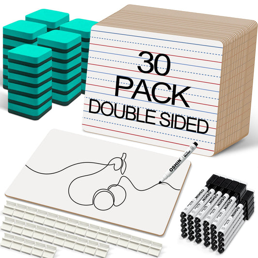 30 Pack Small White Boards, 9"x12" Double Sided Personal Dry Erase Boards Portable Handheld Whiteboards with Lines for Kids, Students, Teacher School, Include 30 Markers, 30 Erasers